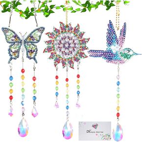 3 قطع 5D حجر الراين الفن Suncatcher مجموعات للبالغين، نقطة صغيرة حجر الراين حالة الفن للأطفال الفتيات الفتيان، اللوحة الرياح الدقات عباد الشمس، فراشة، الطنان عدة DIY نافذة حديقة