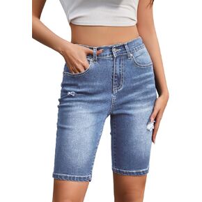 Metietila Womens Casual Summer Bermuda Shorts Elastic Waist Denim Short