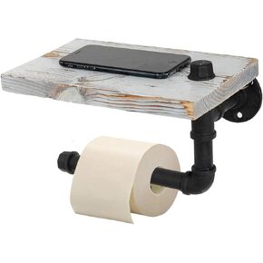Retro industrial style Wall-Mounted Iron Pipe & Wood Toilet Paper Holder with Wood Shelf phone tray for bathroom kitchen (Grey)