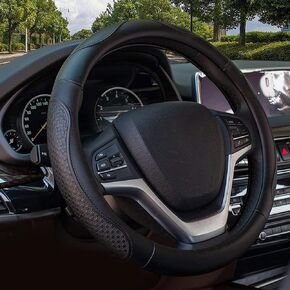 Valleycomfy Leather Steering Wheel Covers Universal 15 inch -Breathable, Anti Slip & Odor Free (Black with Red Lines,M(14" 1/2-15" 1/4))