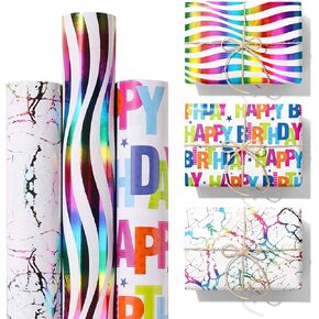 Happy Birthday Wrapping Paper Roll Colorful- Rainbow Foil Wrapping Paper with Cut Lines for Birthday, Holiday, Baby Shower Party DIY Pack - 3 Rolls - 17 in X 120 in Per Roll(wave, marble and birthday)