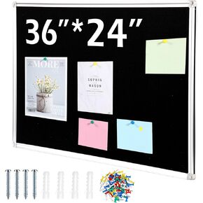 Teling Black Cork Bulletin Board 36" x 24" Large Wood Framed Cork Board with Pins, Eye Bolts, Screws, Notice Pin Board Hook Wall Mounted Corkboard for Home School Office Walls(Black Frame)