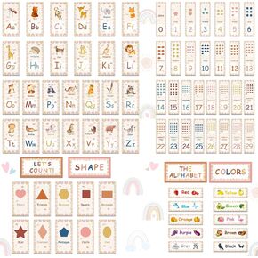 Harloon 80 Pcs Alphabet Bulletin Board Boho Educational Cards Alphabet Numbers Display Bulletin Board for Student, Kindergarten Forest Animals Flower Theme Classroom and School(Boho)