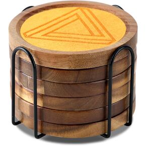 Acacia Wood Coasters for Coffee Table, Felt Wooden Coasters for Drinks Absorbent Set of 6 with Holder for Wooden Table Dining Table Decor New Home, Tabletop Protection for Any Table Type