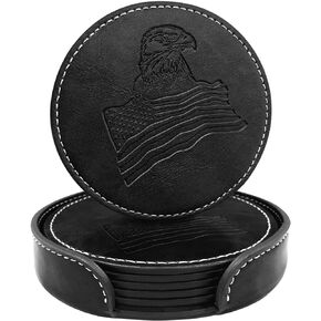 Coasters for Drinks, Wayzton Set of 6 Faux Leather Embossing Coasters with Holder Waterproof Round Cup Mat Pad for Home Office Bar