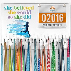 Gone For a Run Hooked On Medals and Bibs | Medal Hanger and Bib Display She Believed She Could | Pink
