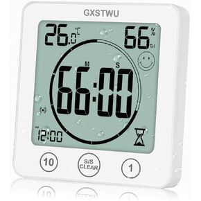 ساعة دش رقمية GXSTWU HD مع مؤقت ومقياس حرارة ورطوبة، مقاومة للماء لرذاذ الماء، ساعة حائط للمطبخ تعمل باللمس مع مغناطيس، كوب شفط، فتحة تعليق، حامل (عبوة واحدة)
