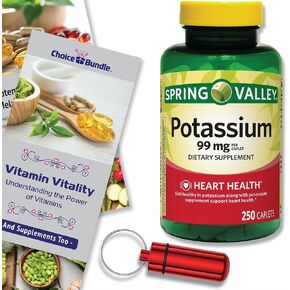 Spring Valley Potassium Heart Health Dietary Supplement Caplets 99 mg 250 CT Choice Bundle + “Vitamin Vitality" Guide & Keychain Pill Container (3 Items)!