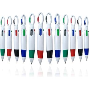 NSBELL 12PCS Plastic Carabiner Shuttle Pens 4-in-1 Retractable Ballpoint Pens Multicolor Pens with Buckle Keychain on Top for Office School Supplies Students Children Gift
