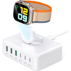 محطة شحن سريعة 125 وات، لساعة Apple 7 في 1 USB C محطة شحن حائطية شاحن مكتبي متعدد المنافذ من النوع C محول الطاقة لـ iPhone15/14/13/12/11، iPad/Pro، Galaxy S23 Ultra، S23