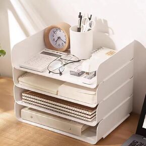 Stackable Paper Trays 4 Pack, Desk Letter Tray Set with 4 File Bags, Stackable Desk Organizer for Books, Magazines, Folders, A4 Size File Paper, Notes, Pens (White)