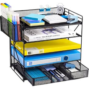 Desk Organizers with File Holder, 5-Tier Paper Organizer Letter Tray with Sliding Drawers and Extra Pen Holder, Mesh Desktop File Organizer for School Office Supplies, Black.