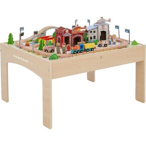Teamson Kids Train Table Set with 85 Pieces, Preschool Play Lab Activity Table with Wooden Trains, Cars, Railroad, Town Scenery, & More for Kids & Toddlers, Wood Color