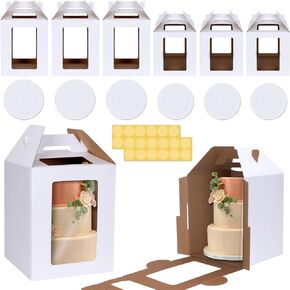 KintKita Tall Cake Boxes 12x12x14 IN,6 Pack Tier Cake Carrier with Cake Boards,Disposable Tiered Cake Carrier with 4 windows for Wedding,Birthday,Party,Bakery Supplies