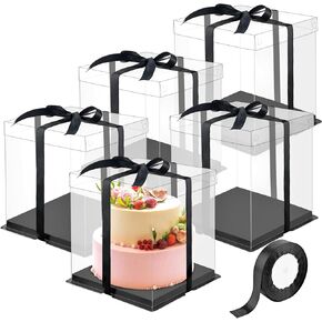 Ocmoiy 5pcs Clear Cake Box with Ribbon 8×8×9 Inches Tall Cake Boxes for Layer Cake, Gift Display, Disposable Cake Container with Lid for Carry (Black)