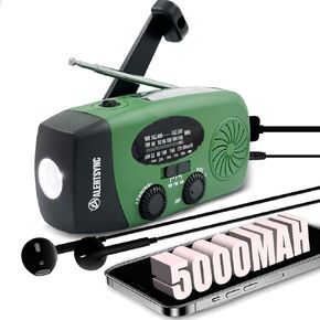 5000mAh Emergency Weather Radio, AM/FM/NOAA Hand Crank Solar Powered Radio with Weather Alert, Emergency Phone Charger, 1W 4 Modes Flashlight, SOS Alarm, Earphone Jack, for Emergency