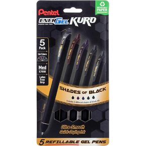 Pentel EnerGel Kuro Retractable Liquid Gel Pen, Shades of Black, 0.7mm tip, Assorted black ink, Pack of 5 pens (BL437PF5MA)