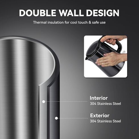 غلاية كهربائية من Pukomc - غلاية مياه ساخنة سعة 1.0 لتر - غلاية شاي بجدار مزدوج من الفولاذ المقاوم للصدأ، إيقاف تلقائي وحماية من الغليان الجاف، 1000 وات in Kuwait