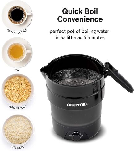 غلاية سفر كهربائية قابلة للطي بجهد مزدوج من Gourmia GK378 - سعة 1.5 لتر - قابلة للطي والمحمولة - غليان سريع - غلاية مياه للقهوة والشاي والمزيد - وظيفة الحفاظ على الدفء in Kuwait