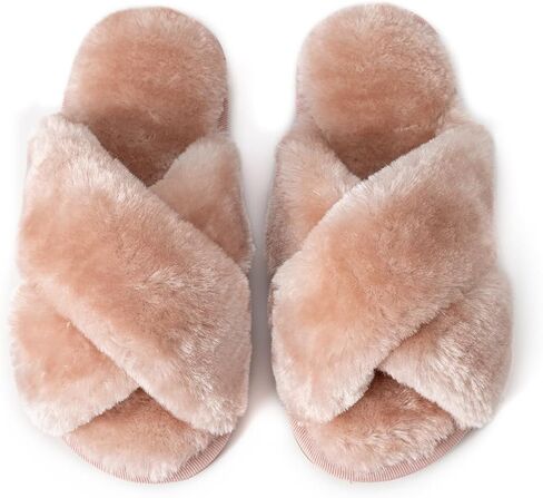 LZSYC Girl's Fuzzy Fluffy Slippers Open Toe Cross Band Soft Plush Cross Band House Slippers in Saudi Arabia