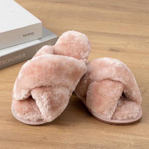 LZSYC Girl's Fuzzy Fluffy Slippers Open Toe Cross Band Soft Plush Cross Band House Slippers in Saudi Arabia