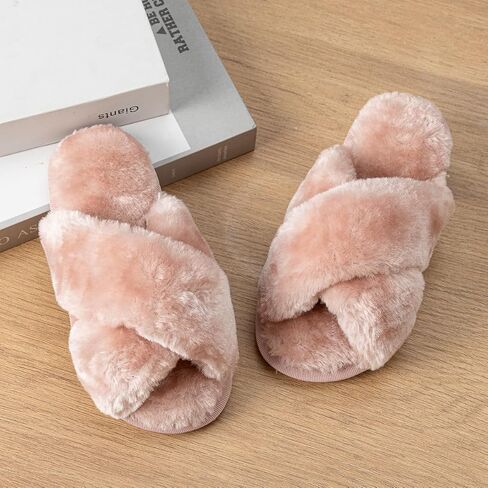 LZSYC Girl's Fuzzy Fluffy Slippers Open Toe Cross Band Soft Plush Cross Band House Slippers in Saudi Arabia