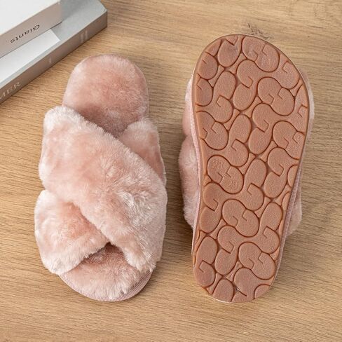 LZSYC Girl's Fuzzy Fluffy Slippers Open Toe Cross Band Soft Plush Cross Band House Slippers in Saudi Arabia