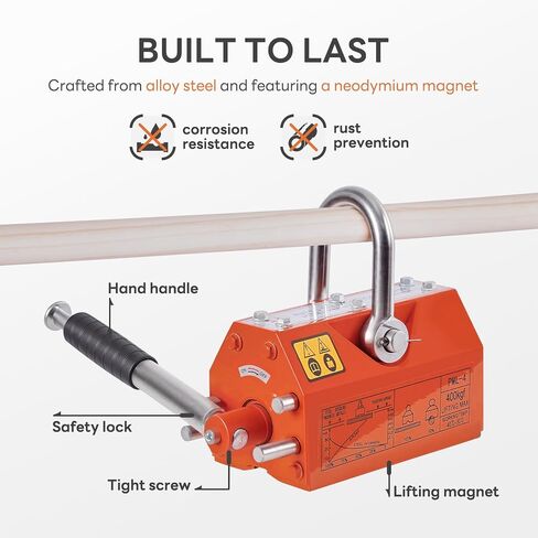 Magnetic Lifter 1320lbs/600kg Pulling Capacity, Permanent Lifting Magnet with Release, Neodymium & Steel, 2.5 Safety Factor, Metal Lift Magnet, Heavy Duty Magnet for Hoist, Shop Crane, Block, Orange in Saudi Arabia