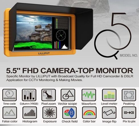 Lilliput Camera Monitor 4K 5.5 inch Supports SDI and HDMI Signal Cross Conversion Q5 1920 * 1080 Full HD Waveform Vector Scope Field Video Assist with Power Adapter in Saudi Arabia