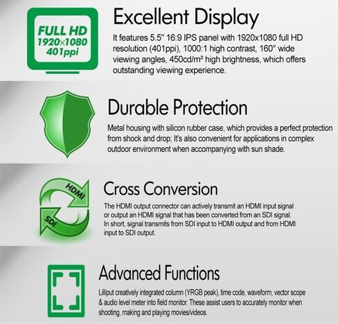 Lilliput Camera Monitor 4K 5.5 inch Supports SDI and HDMI Signal Cross Conversion Q5 1920 * 1080 Full HD Waveform Vector Scope Field Video Assist with Power Adapter in Saudi Arabia