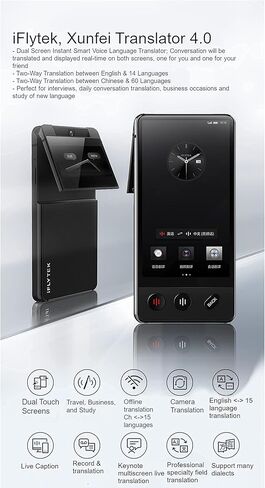 مترجم iFlytek 4.0 شاشة مزدوجة لغة الوقت الحقيقي ترجمة ثنائية الاتجاه للغة الإنجليزية <> 14 لغة والصينية 60 لغة للسفر والأعمال والدراسة. غير متصل (أسود 4.0) in Kuwait