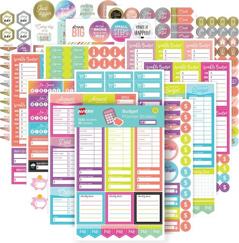 مجموعة ملصقات Avery Budget Planner، 30 ورقة من ملصقات تعقب النفقات ومخطط التمويل، مجموعة من 1230 ملصقًا لمخططك أو يومياتك أو تقويمك (6788) in Kuwait