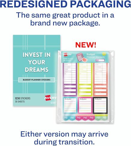 مجموعة ملصقات Avery Budget Planner، 30 ورقة من ملصقات تعقب النفقات ومخطط التمويل، مجموعة من 1230 ملصقًا لمخططك أو يومياتك أو تقويمك (6788) in Kuwait