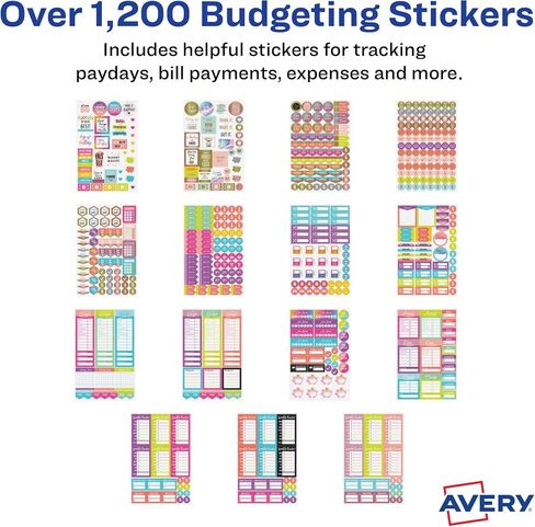 مجموعة ملصقات Avery Budget Planner، 30 ورقة من ملصقات تعقب النفقات ومخطط التمويل، مجموعة من 1230 ملصقًا لمخططك أو يومياتك أو تقويمك (6788) in Kuwait