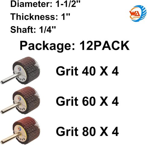 WA 12PACK 1-1/2''x1''x1/4" inch High-Performance Durable Mounted Flap Wheel Sander Set, Assorted Grit 4x40#, 4x60#, 4x80#, Aluminum Oxide Sanding Flap Wheels with 1/4" Shank for Drill/Die Grinder in Saudi Arabia