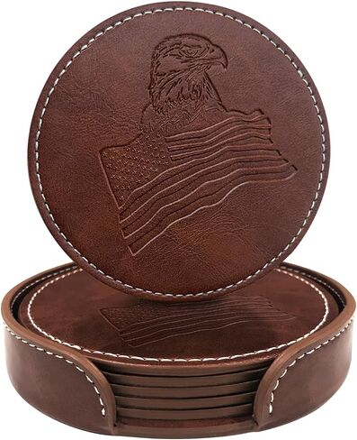 Coasters for Drinks, Wayzton Set of 6 Faux Leather Embossing Coasters with Holder Waterproof Round Cup Mat Pad for Home Office Bar in Saudi Arabia