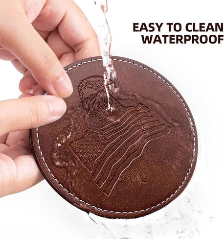 Coasters for Drinks, Wayzton Set of 6 Faux Leather Embossing Coasters with Holder Waterproof Round Cup Mat Pad for Home Office Bar in Saudi Arabia