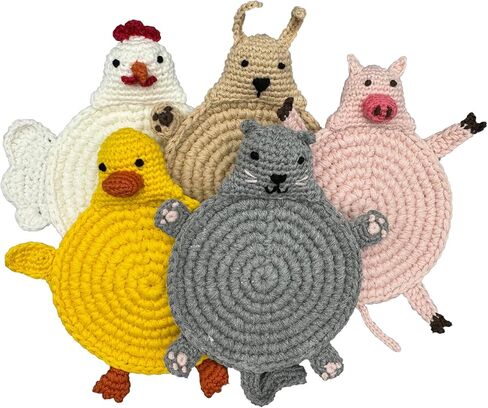 Crocheted Animal Coaster 5 Pack - Handmade Drink Coasters with Cute Cat, Dog, Pig, Duck, Chicken Designs in Saudi Arabia