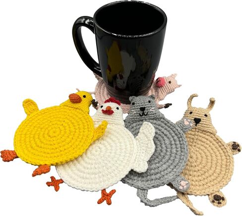 Crocheted Animal Coaster 5 Pack - Handmade Drink Coasters with Cute Cat, Dog, Pig, Duck, Chicken Designs in Saudi Arabia