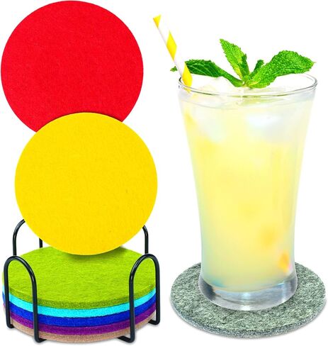 GIFTIZAN - Felt Coasters for Drinks 8pcs - Coaster Set 100% Recyclable - with Metal Coaster Holder - Kitchen Decor - House Warming Gifts New Home Decor in Saudi Arabia