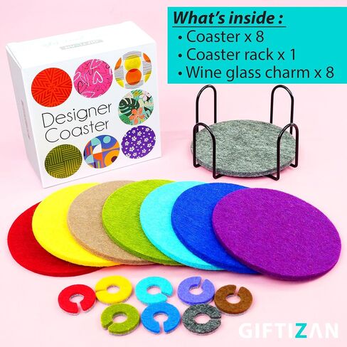 GIFTIZAN - Felt Coasters for Drinks 8pcs - Coaster Set 100% Recyclable - with Metal Coaster Holder - Kitchen Decor - House Warming Gifts New Home Decor in Saudi Arabia