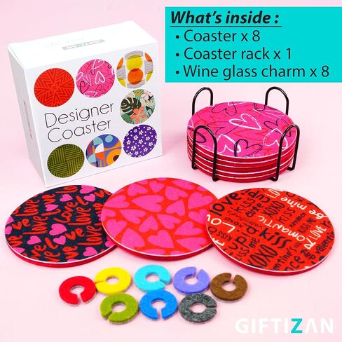 GIFTIZAN - Felt Coasters for Drinks 8pcs - Coaster Set 100% Recyclable - with Metal Coaster Holder - Kitchen Decor - House Warming Gifts New Home Decor in Saudi Arabia