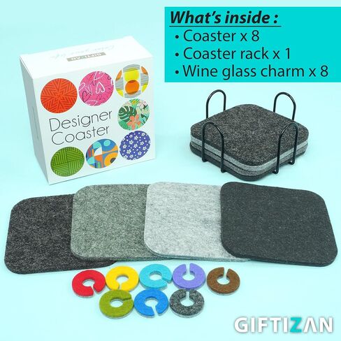 GIFTIZAN - Felt Coasters for Drinks 8pcs - Coaster Set 100% Recyclable - with Metal Coaster Holder - Kitchen Decor - House Warming Gifts New Home Decor in Saudi Arabia