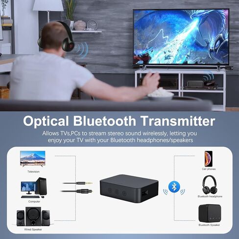 جهاز إرسال بلوتوث بصري 5.0 للتلفزيون مع التحكم في مستوى الصوت وزمن الوصول المنخفض، (بصري، AUX، محوري، فتحة بطاقة TF) زوج محول صوت بلوتوث Toslink مع سماعة رأس BT - مصدر طاقة USB in Kuwait