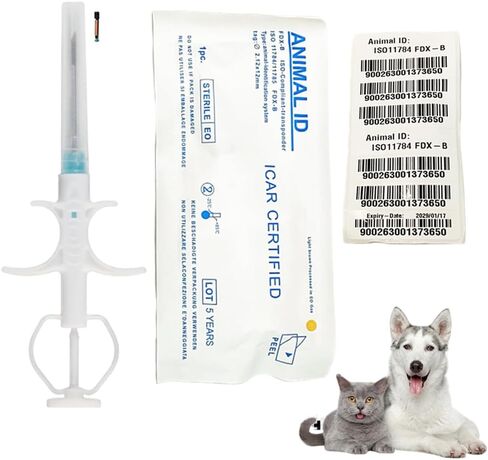 Universal Pet Microchip Registratable RFID Animal Implant Chip for Management and Tracking, 134.2kHz FDX-B Pet ID Tags for Pets, Cat, Dog, Rabbit,Cow, Sheep, Pig,Fish (1 Pack 1.25x7mm) in Kuwait