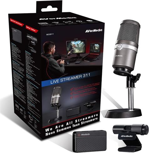 حزمة البث المباشر AVerMedia BO311 مع بطاقة التقاط وكاميرا ويب 1080 بكسل وميكروفون USB للبث والألعاب والكمبيوتر المحمول والكمبيوتر الشخصي ودعم Twitch وMixer وYouTube والمزيد in Kuwait