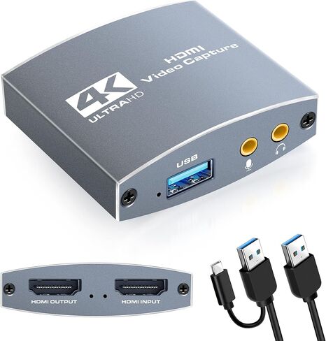 بطاقة التقاط فيديو MOYOON 4K HDMI مع حلقة ميكروفون HDMI، بطاقة التقاط ألعاب 1080P 60FPS للبث المباشر، بطاقة التقاط HDMI مع نينتندو سويتش، PS4/5 PC، Xbox One in Kuwait