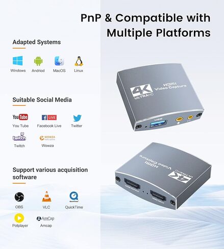 بطاقة التقاط فيديو MOYOON 4K HDMI مع حلقة ميكروفون HDMI، بطاقة التقاط ألعاب 1080P 60FPS للبث المباشر، بطاقة التقاط HDMI مع نينتندو سويتش، PS4/5 PC، Xbox One in Kuwait