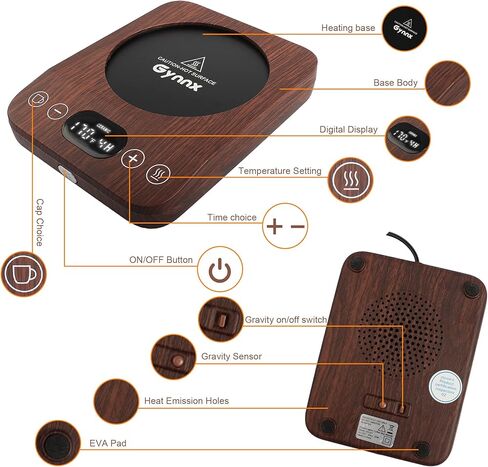 جينكس القهوة القدح أكثر دفئا، الجاذبية شمعة القدح دفئا الكهربائية، تشغيل / إيقاف تلقائي مع 9 إعدادات درجة الحرارة، 1-9 الموقت المشروبات دفئا العملي المحمولة أكثر دفئا للمنزل والمكتب (الخشب) in Kuwait