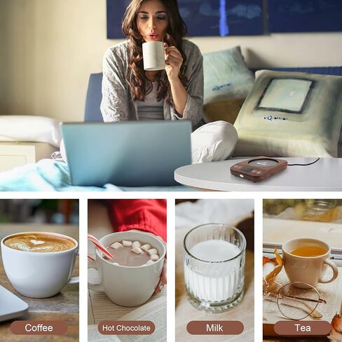 جينكس القهوة القدح أكثر دفئا، الجاذبية شمعة القدح دفئا الكهربائية، تشغيل / إيقاف تلقائي مع 9 إعدادات درجة الحرارة، 1-9 الموقت المشروبات دفئا العملي المحمولة أكثر دفئا للمنزل والمكتب (الخشب) in Kuwait